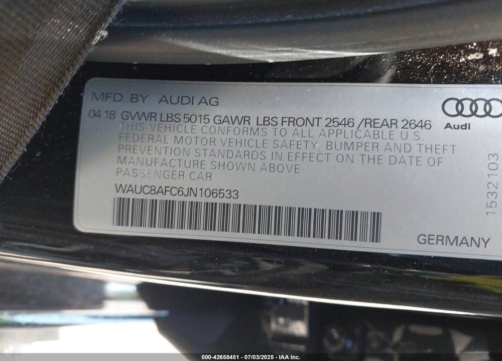 2018 AUDI A6 VIN: WAUC8AFC6JN106533