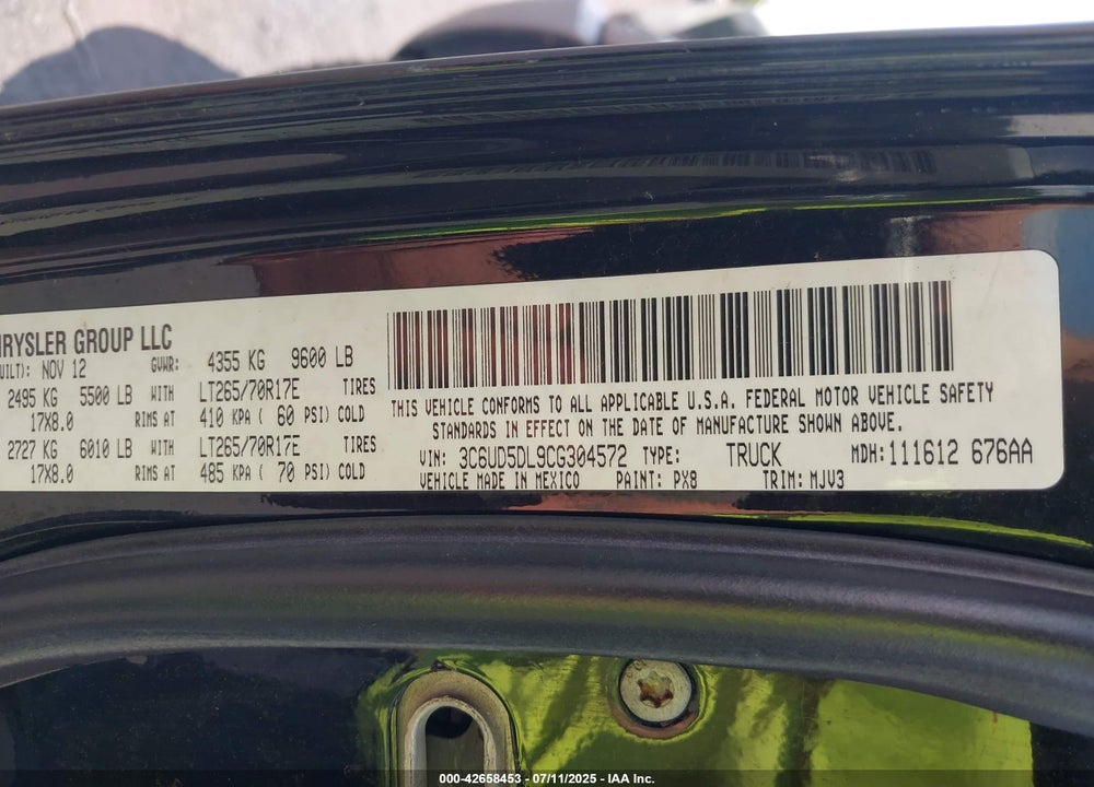 2012 RAM 2500 SLT VIN: 3C6UD5DL9CG304572