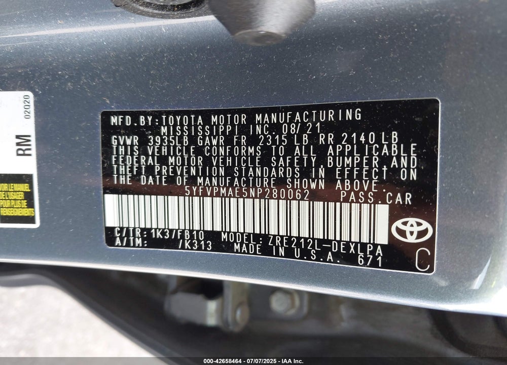 2022 TOYOTA COROLLA VIN: 5YFVPMAE5NP280062