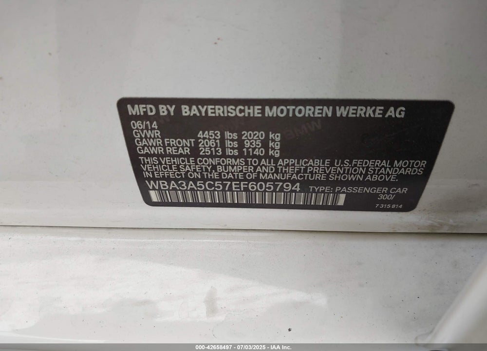 2014 BMW 3 SERIES VIN: WBA3A5C57EF605794
