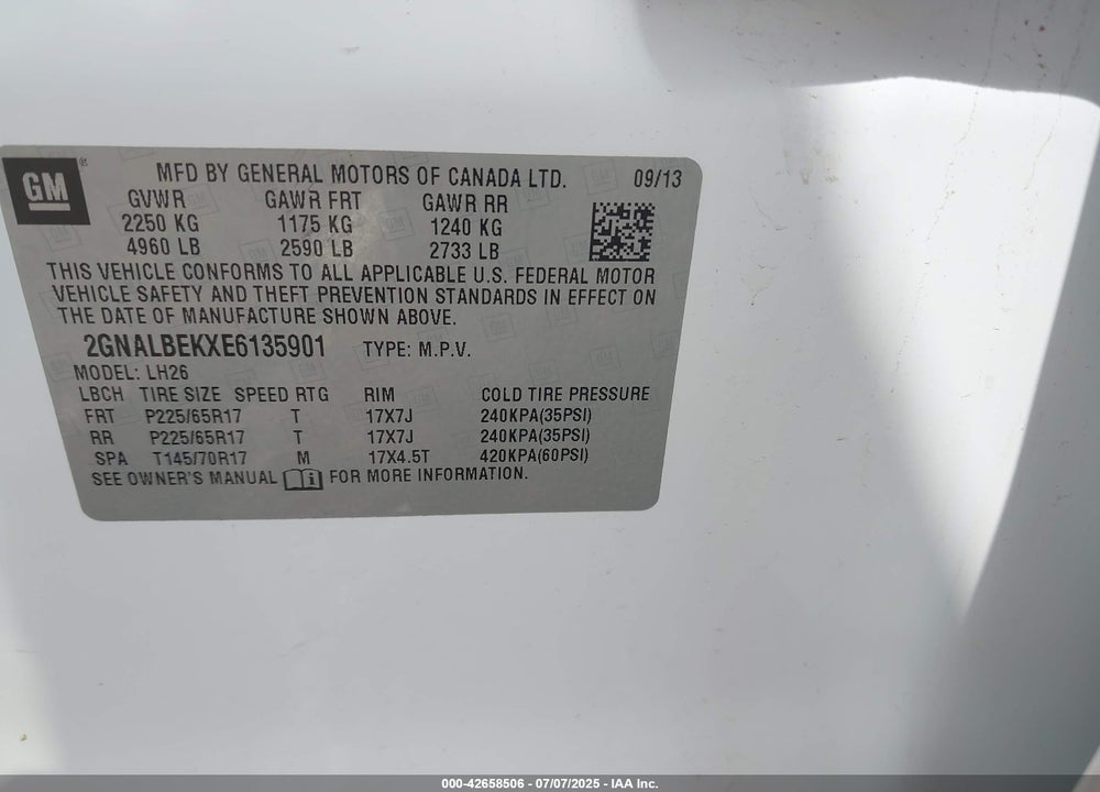 2014 CHEVROLET EQUINOX 1LT VIN: 2GNALBEKXE6135901