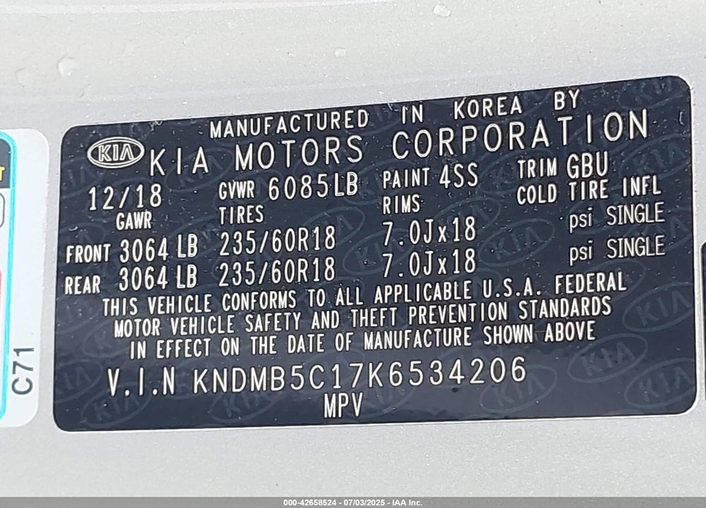 2019 KIA SEDONA EX VIN: KNDMB5C17K6534206