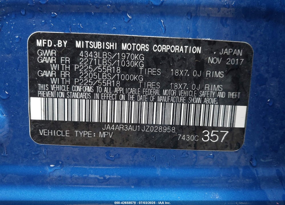 2018 MITSUBISHI OUTLANDER SPORT VIN: JA4AR3AU1JZ028958