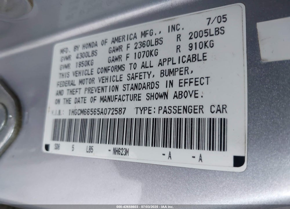 2005 HONDA ACCORD EX VIN: 1HGCM66585A072587