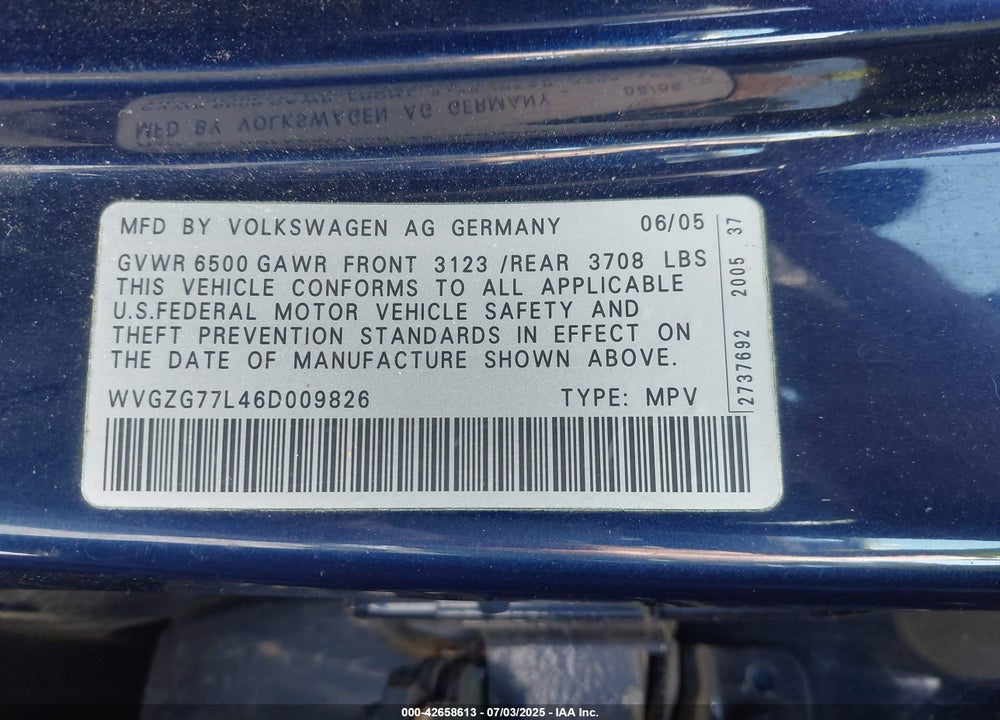 2006 VOLKSWAGEN TOUAREG V6 VIN: WVGZG77L46D009826