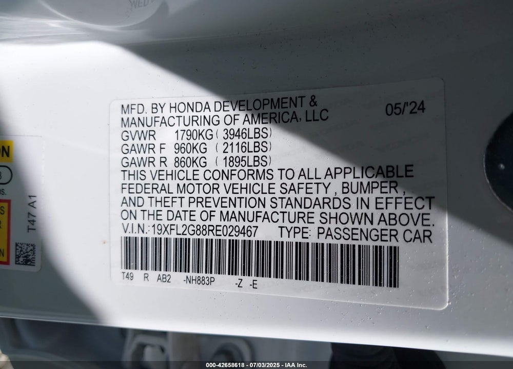 2024 HONDA CIVIC SPORT VIN: 19XFL2G88RE029467