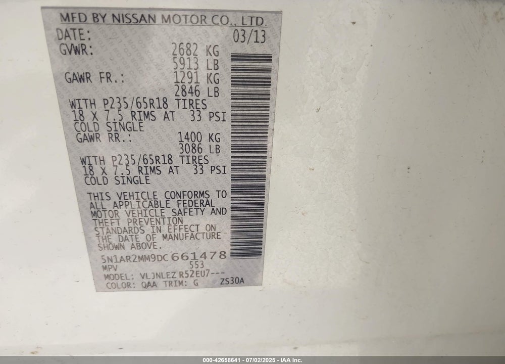 2013 NISSAN PATHFINDER VIN: 5N1AR2MM9DC661478