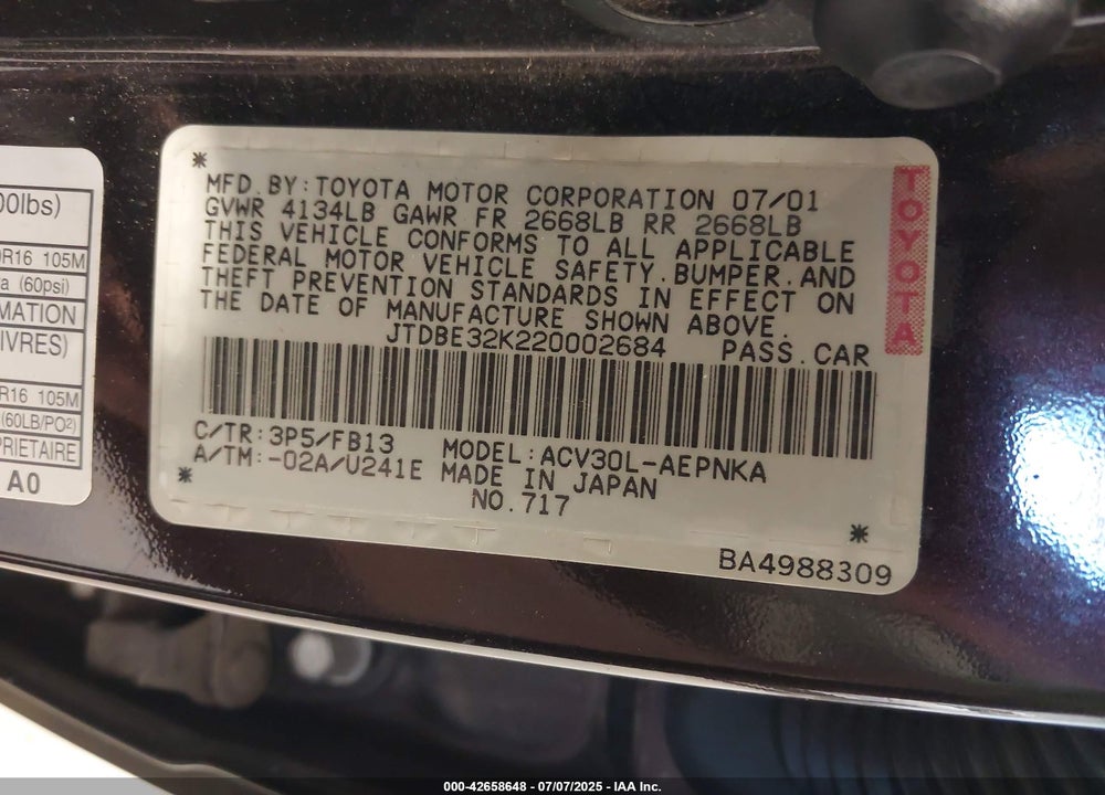 2002 TOYOTA CAMRY LE VIN: JTDBE32K220002684