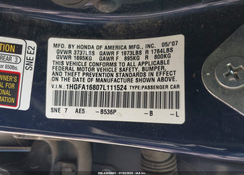 2007 HONDA CIVIC VIN: 1HGFA16807L111524