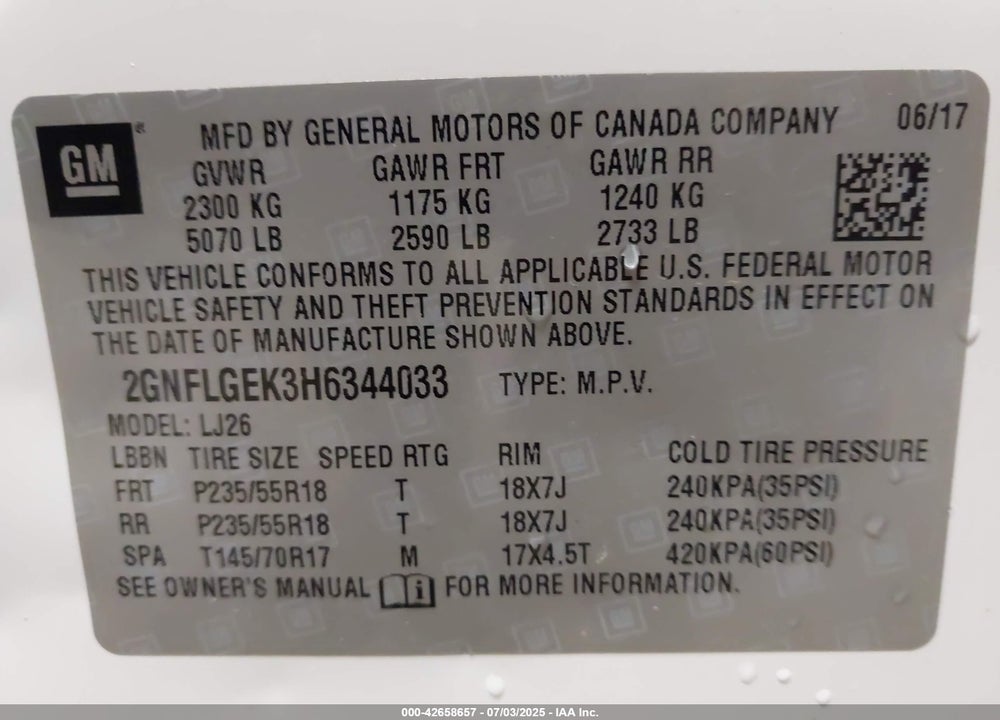 2017 CHEVROLET EQUINOX VIN: 2GNFLGEK3H6344033