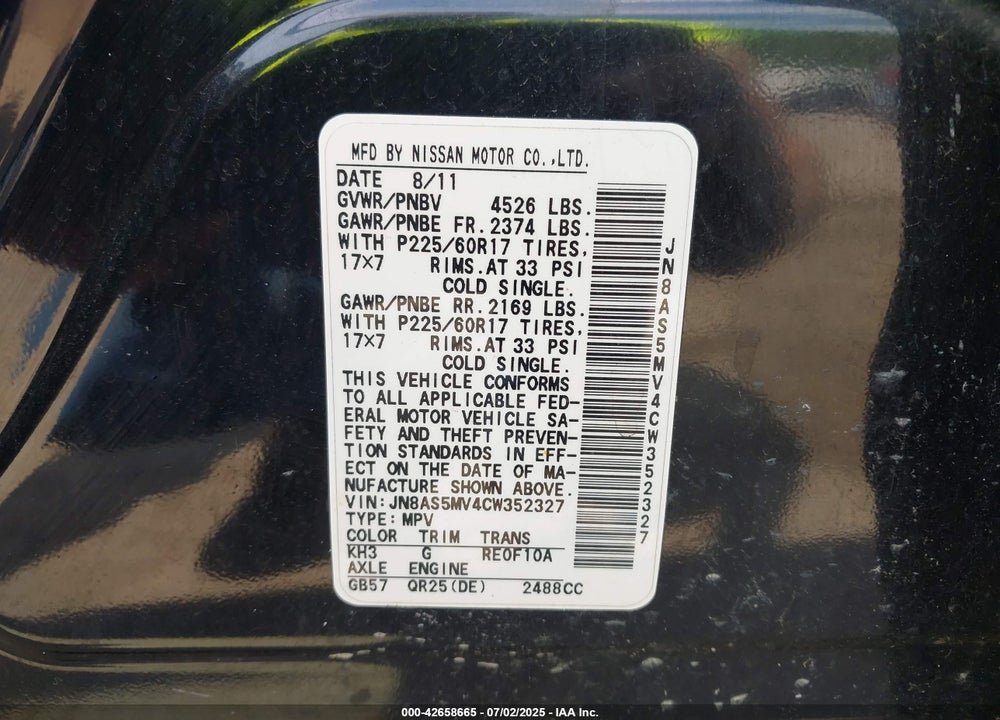 2012 NISSAN ROGUE SV VIN: JN8AS5MV4CW352327