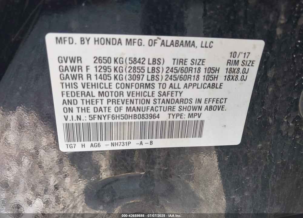 2017 HONDA PILOT VIN: 5FNYF6H50HB083964