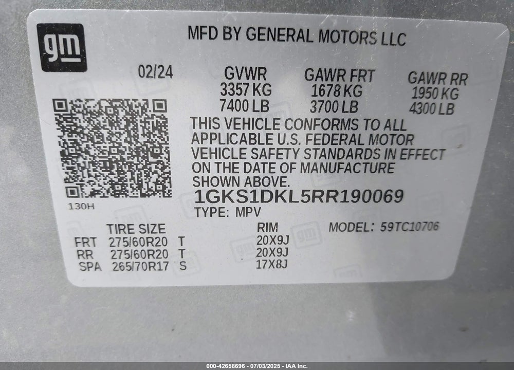 2024 GMC YUKON VIN: 1GKS1DKL5RR190069