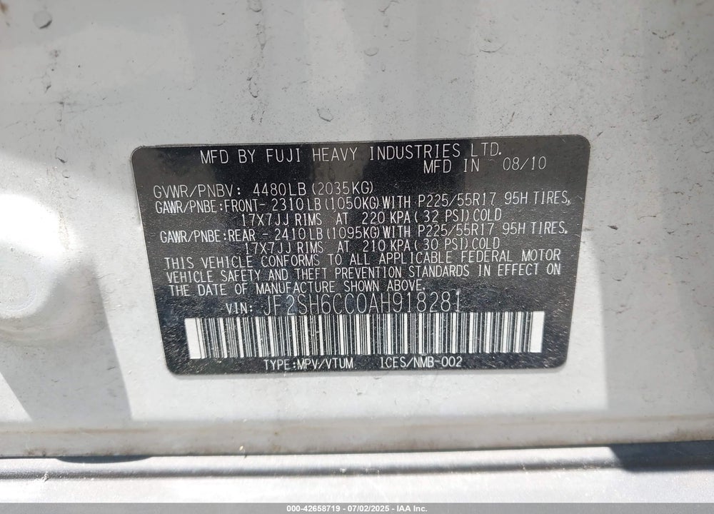 2010 SUBARU FORESTER 2.5X PREMIUM VIN: JF2SH6CC0AH918281