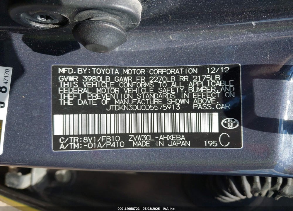 2013 TOYOTA PRIUS VIN: JTDKN3DU0D5575913