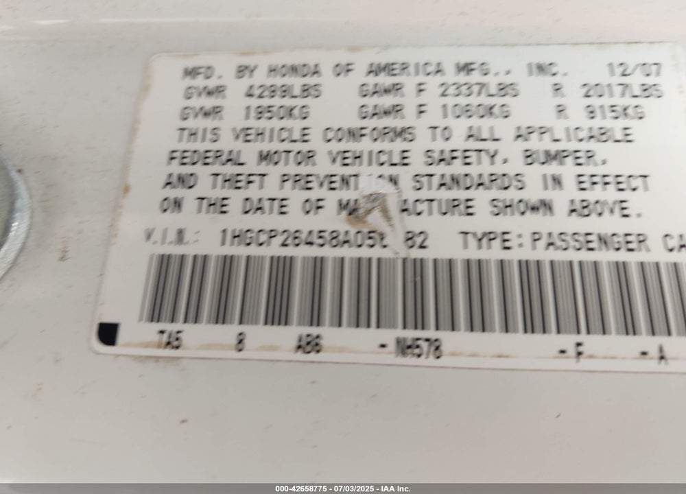 2008 HONDA ACCORD VIN: 1HGCP26458A056182