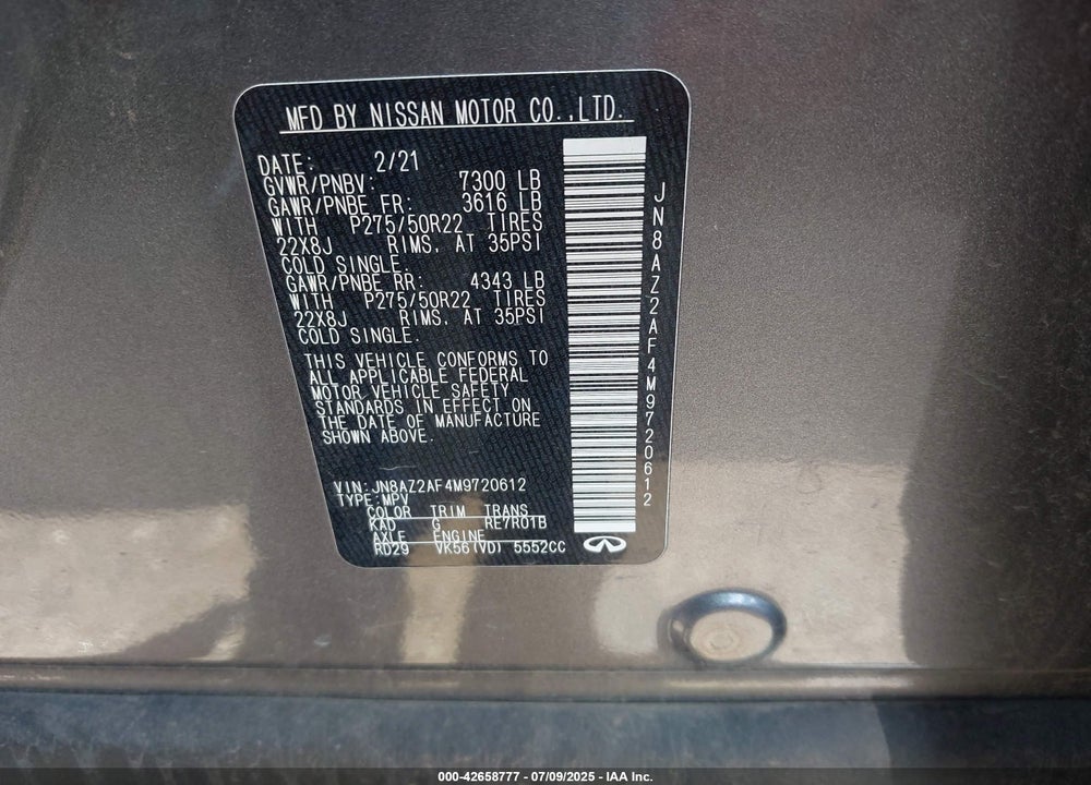 2021 INFINITI QX80 PREMIUM SELECT VIN: JN8AZ2AF4M9720612