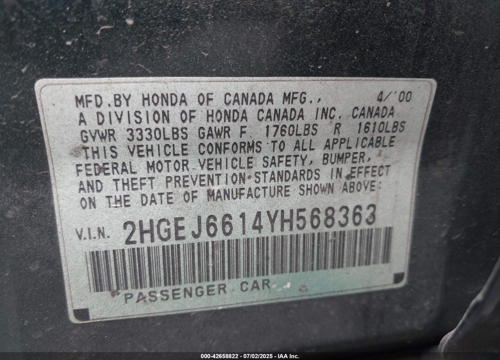 2000 HONDA CIVIC VALUE PACKAGE VIN: 2HGEJ6614YH568363