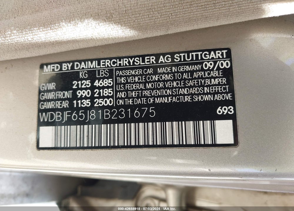 2001 MERCEDES-BENZ E 320 VIN: WDBJF65J81B231675