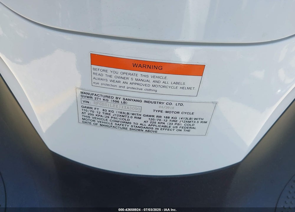 2018 SYM SCOOTER VIN: RFGBS1LEXJXXA3090