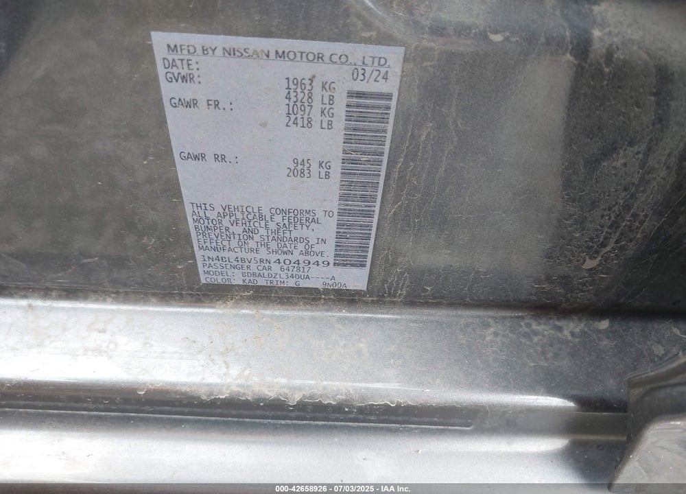 2024 NISSAN ALTIMA VIN: 1N4BL4BV5RN404949