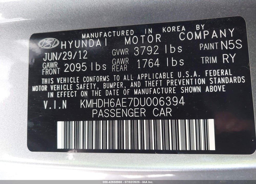 2013 HYUNDAI ELANTRA VIN: KMHDH6AE7DU006394