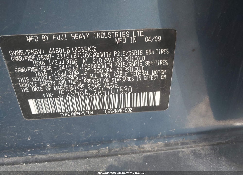 2010 SUBARU FORESTER VIN: JF2SH6ACXAH707530