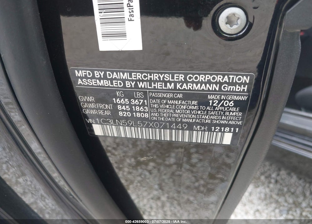 2007 CHRYSLER CROSSFIRE VIN: 1C3LN59L57X071449