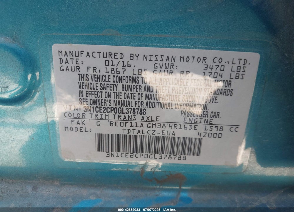 2016 NISSAN VERSA NOTE VIN: 3N1CE2CP0GL378788