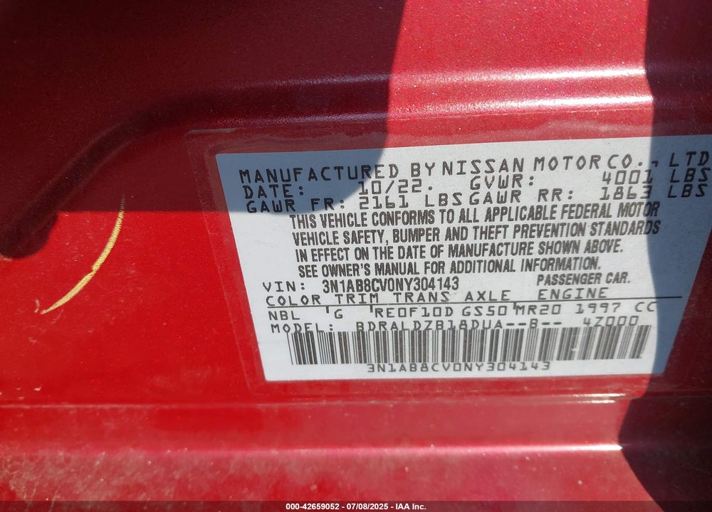 2022 NISSAN SENTRA VIN: 3N1AB8CV0NY304143