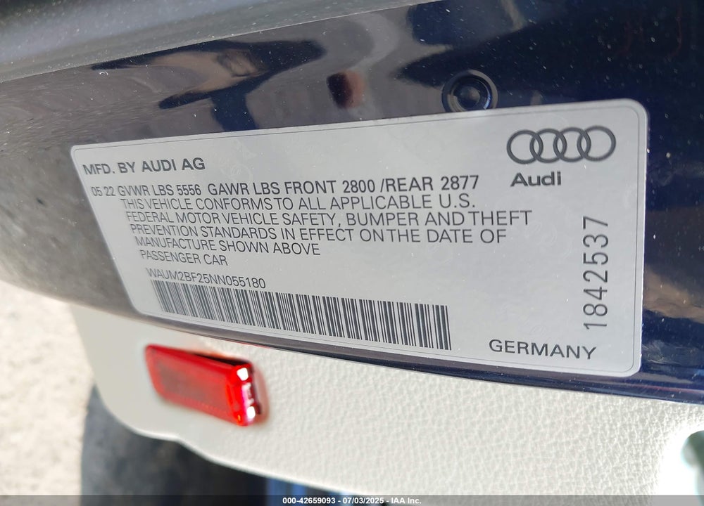 2022 AUDI A6 VIN: WAUM2BF25NN055180