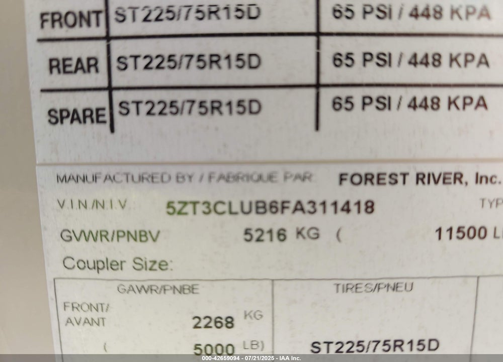 2015 FOREST RIVER CHAPARRAL LITE 29BHS VIN: 5ZT3CLUB6FA311418