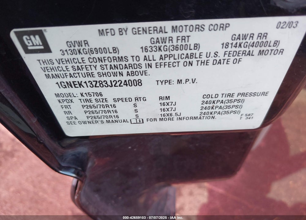 2003 CHEVROLET TAHOE LT VIN: 1GNEK13Z83J224008