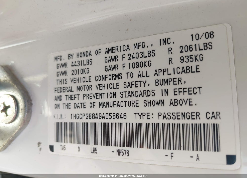 2009 HONDA ACCORD VIN: 1HGCP26849A056646