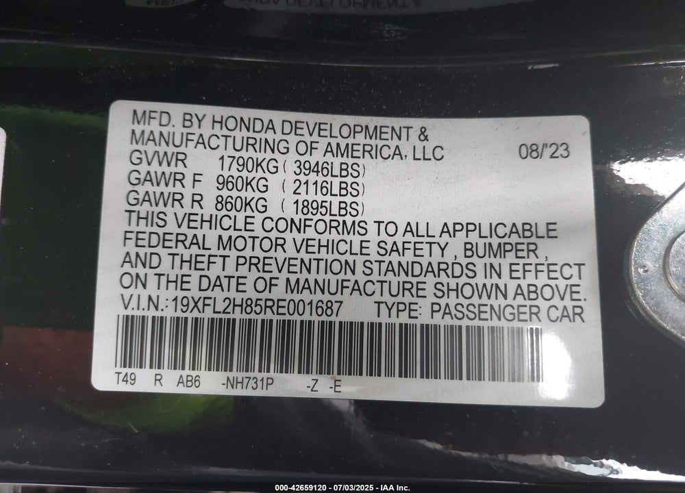 2024 HONDA CIVIC VIN: 19XFL2H85RE001687