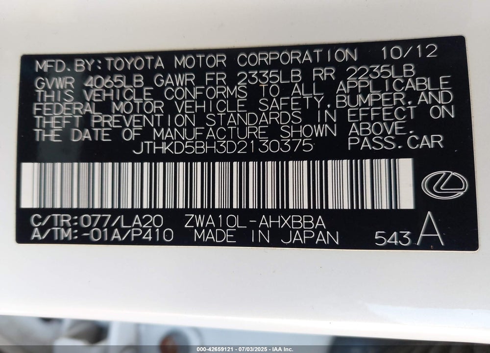 2013 LEXUS CT 200H VIN: JTHKD5BH3D2130375