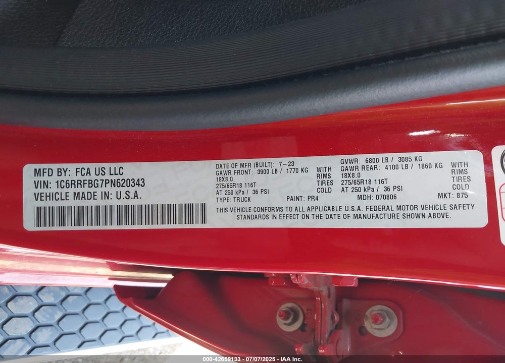 2023 RAM 1500 VIN: 1C6RRFBG7PN620343