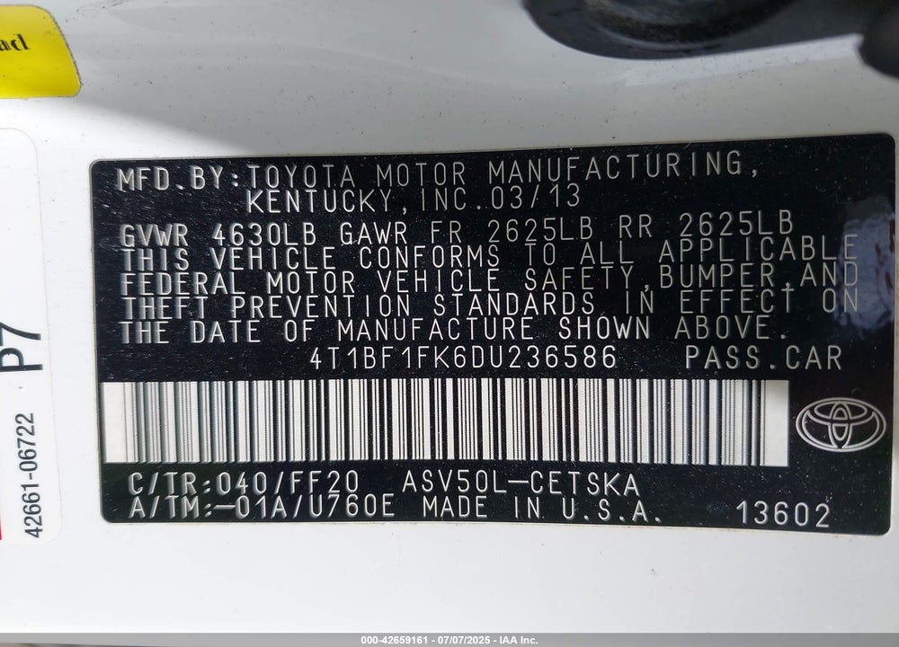 2013 TOYOTA CAMRY VIN: 4T1BF1FK6DU236586