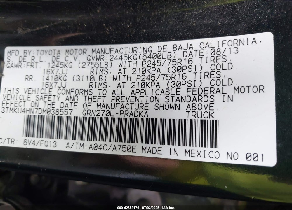 2013 TOYOTA TACOMA VIN: 3TMKU4HN7DM038557