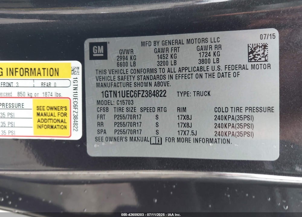 2015 GMC SIERRA 1500 VIN: 1GTN1UEC6FZ384822