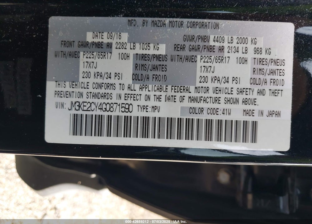 2016 MAZDA CX-5 TOURING VIN: JM3KE2CY4G0871590