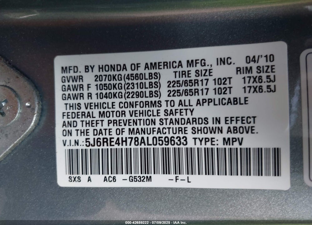 2010 HONDA CR-V EX-L VIN: 5J6RE4H78AL059633