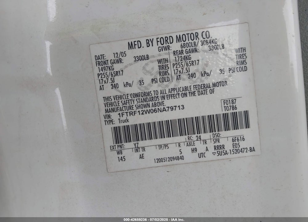 2006 FORD F-150 VIN: 1FTRF12W06NA79713