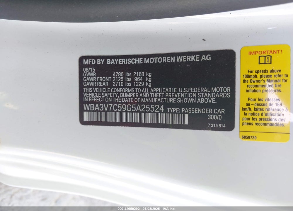 2016 BMW 4 SERIES VIN: WBA3V7C59G5A25524