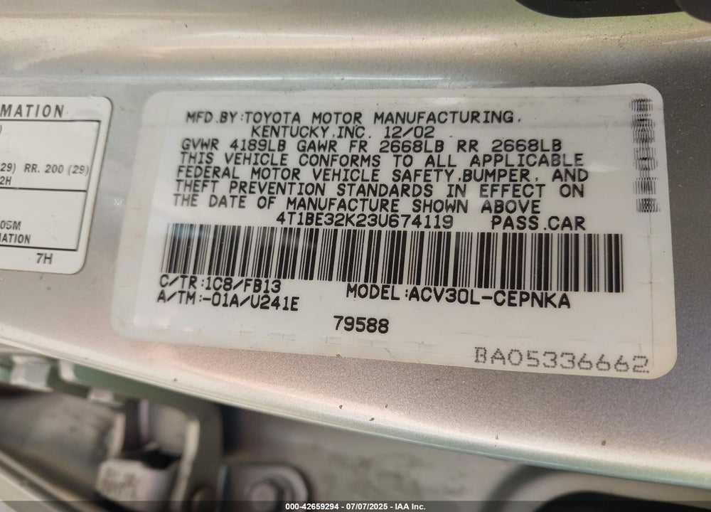 2003 TOYOTA CAMRY VIN: 4T1BE32K23U674119