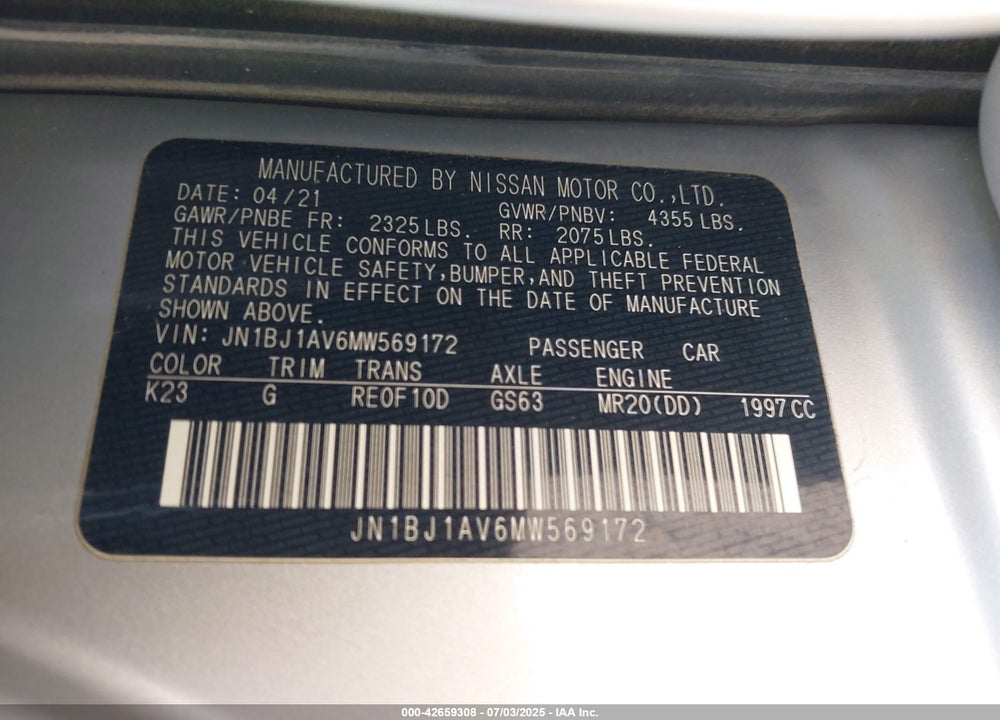 2021 NISSAN ROGUE SPORT VIN: JN1BJ1AV6MW569172