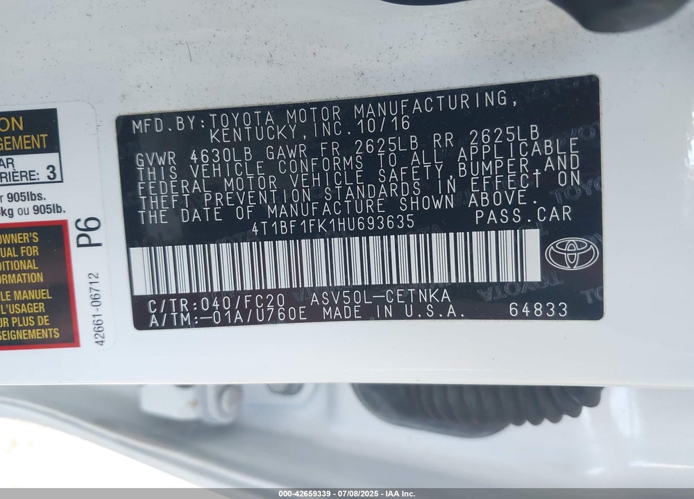 2017 TOYOTA CAMRY LE VIN: 4T1BF1FK1HU693635