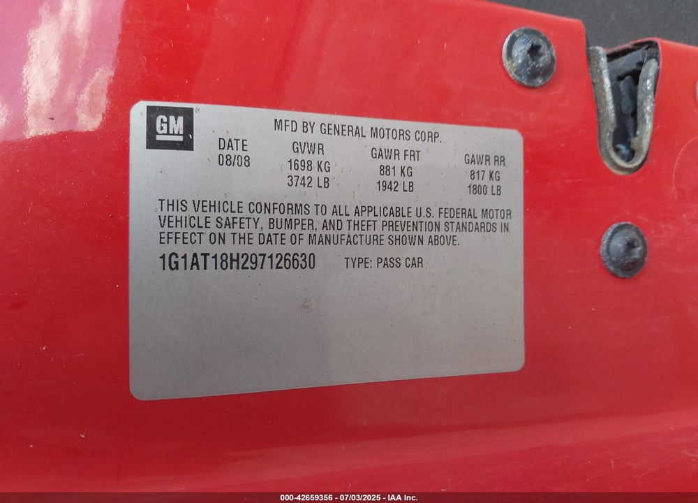 2009 CHEVROLET COBALT VIN: 1G1AT18H297126630
