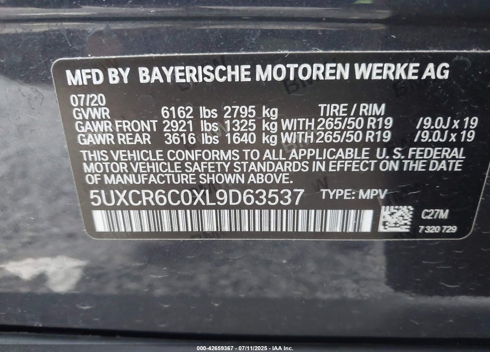 2020 BMW X5 XDRIVE40I VIN: 5UXCR6C0XL9D63537