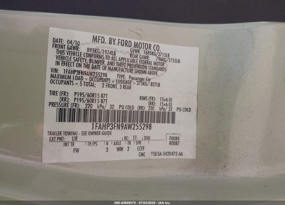 2010 FORD FOCUS SE VIN: 1FAHP3FN9AW255298